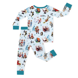 Christmas Snowy Town Santa and Friends Truck on Frost Blue Kids Bamboo Two-Piece Pajama Set