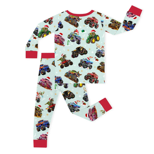 Christmas Colorful Truck Ride Game on Red Kids Bamboo Two-Piece Pajama Set