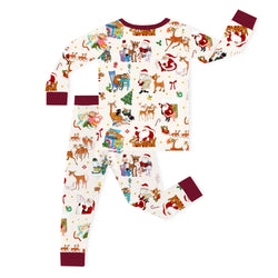 Christmas Deer and Festive Gift Parade Burgundy Kids Bamboo Two-Piece Pajama Set