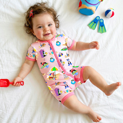 Seaside Surf Pup on Sunny Beach Pink Short Bamboo Zippy Baby Romper