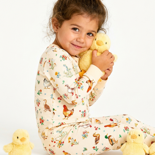 Farm Duck and Chicken in Wildflower Floral Kids Bamboo Two-Piece Pajama Set