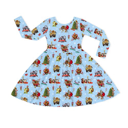 Christmas Safari Park Friends Adventure on Navy Blue Kids Bamboo Long Sleeves Dress