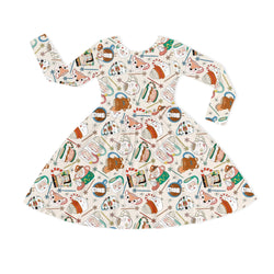 Christmas Mug Print Kids Bamboo Long Sleeves Dress