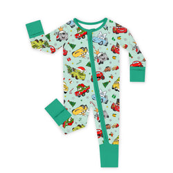 Christmas Little Cars Wheels and Candy Cane Cruise Bamboo Zipper Romper Pajamas