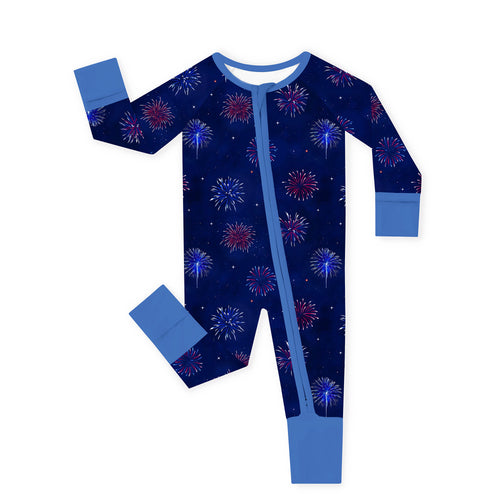 4th of July Colorful Firework Twinkle Stars Navy Bamboo Zipper Romper Pajamas