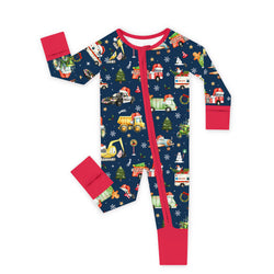 Christmas Winter Trucks Ride Adventure Red Bamboo Zipper Romper Pajamas
