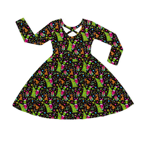 Christmas Tree Green Face Gift Kids Bamboo Long Sleeves Dress