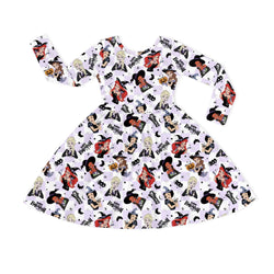 Halloween Princess Pumpkin Spider Purple Check Kids Bamboo Long Sleeves Dress