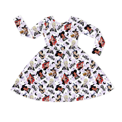 Halloween Princess Pumpkin Spider Purple Check Kids Bamboo Long Sleeves Dress