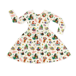 Christmas Green Naughty and Friends Blue Kids Bamboo Long Sleeves Dress