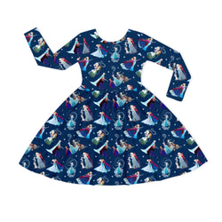 Winter Snowflake Sisters and Friends Blue Kids Bamboo Long Sleeves Dress