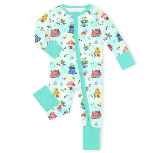 Fairy Mushroom Village Mint Green Bamboo Zipper Romper Pajamas