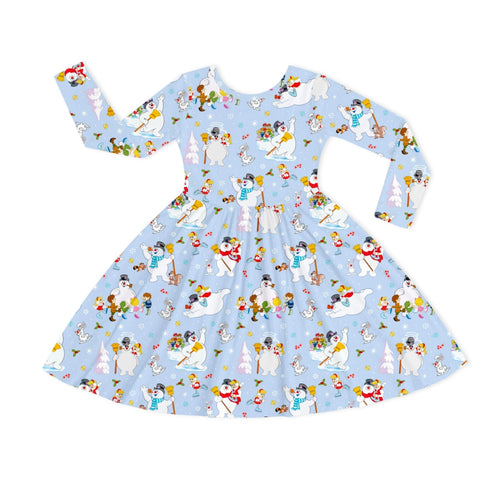 Christmas Woodland Snowman and Friends Kids Bamboo Long Sleeves Dress