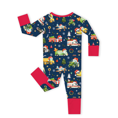 Christmas Winter Trucks Ride Adventure Red Bamboo Zipper Romper Pajamas