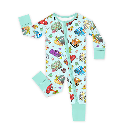 Vintage Cars Road Trip Mint Green Bamboo Zipper Romper Pajamas