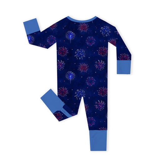 4th of July Colorful Firework Twinkle Stars Navy Bamboo Zipper Romper Pajamas
