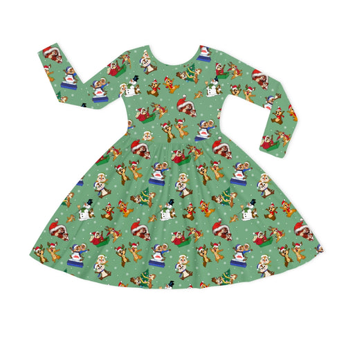 Christmas Snowy Squirrel Buddies Kids Bamboo Long Sleeves Dress