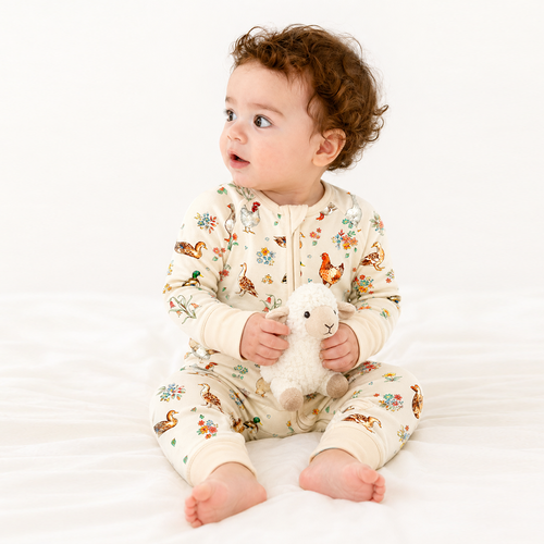 Farm Duck and Chicken in Wildflower Floral Bamboo Zipper Romper Pajamas