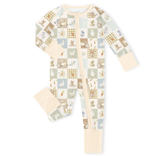 Farmhouse Patchwork Cream Bamboo Zipper Romper Pajamas