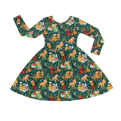 Christmas Safari Lion and Friends on Forest Green Kids Bamboo Long Sleeves Dress