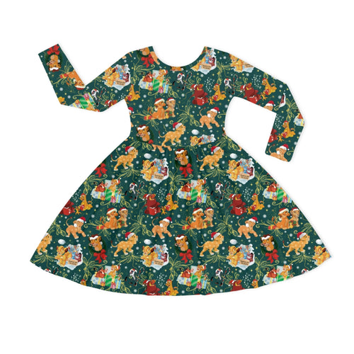 Christmas Safari Lion and Friends on Forest Green Kids Bamboo Long Sleeves Dress