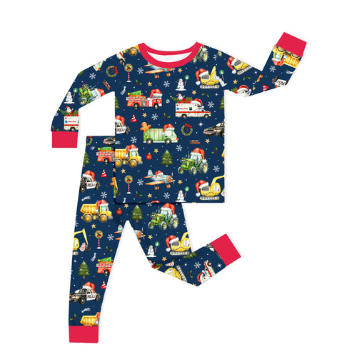 Christmas Winter Trucks Ride Adventure Red Kids Bamboo Two-Piece Pajama Set