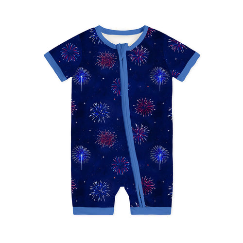 4th of July Colorful Firework Twinkle Stars Navy Short Bamboo Zippy Baby Romper
