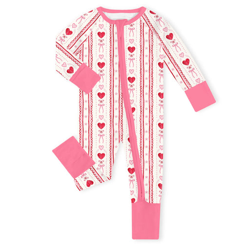 Sweetheart Ribbon Pink Bamboo Zipper Romper Pajamas