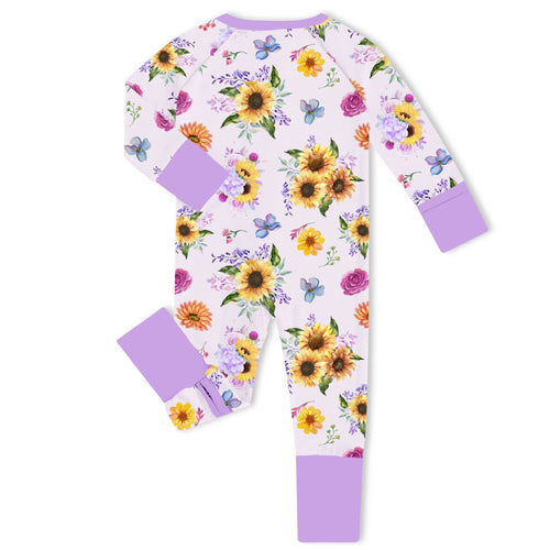 Lavender Sunflower Meadow Bamboo Zipper Romper Pajamas