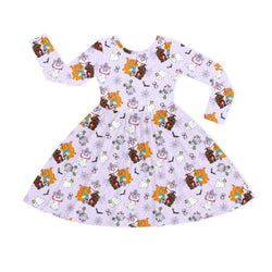 Halloween Midnight Cats and Spider Kids Bamboo Long Sleeves Dress