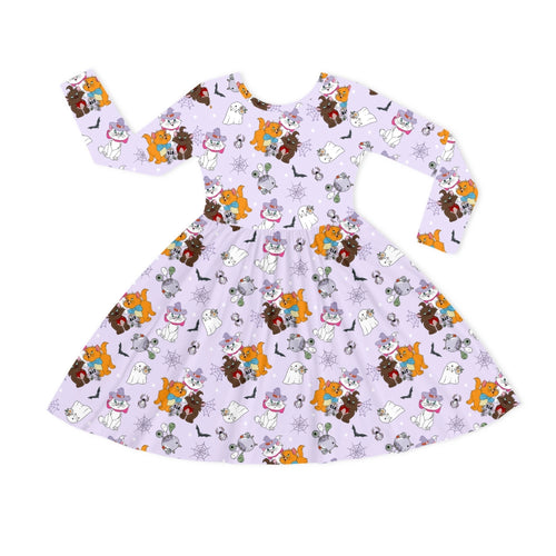 Halloween Midnight Cats and Spider Kids Bamboo Long Sleeves Dress