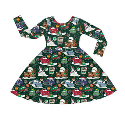 Christmas Car Snow Forest Green Kids Bamboo Long Sleeves Dress