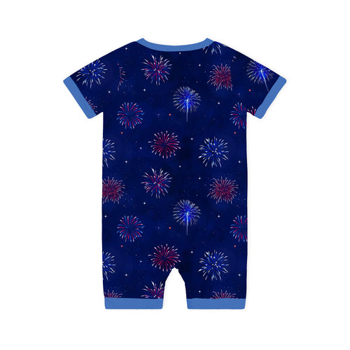 4th of July Colorful Firework Twinkle Stars Navy Short Bamboo Zippy Baby Romper