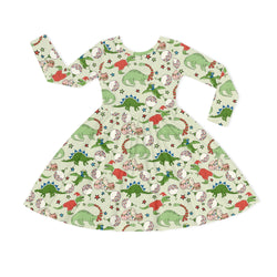 Christmas Cartoon Dinosaur Kids Bamboo Long Sleeves Dress