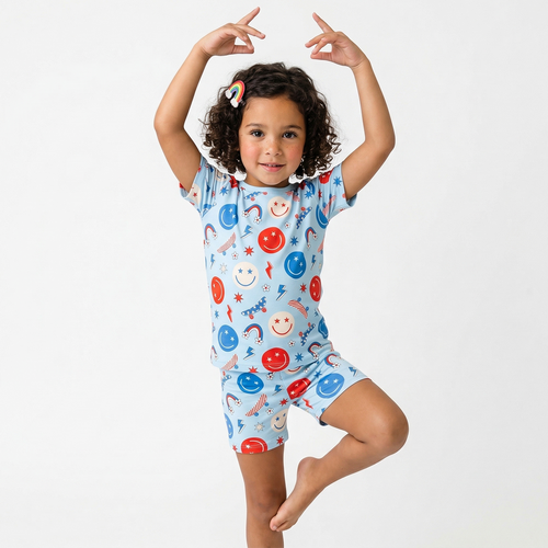 4th of July Smiley Faces and Colorful Rainbows Sky Blue Bamboo Two-Piece Pajama Short Sleeve Set