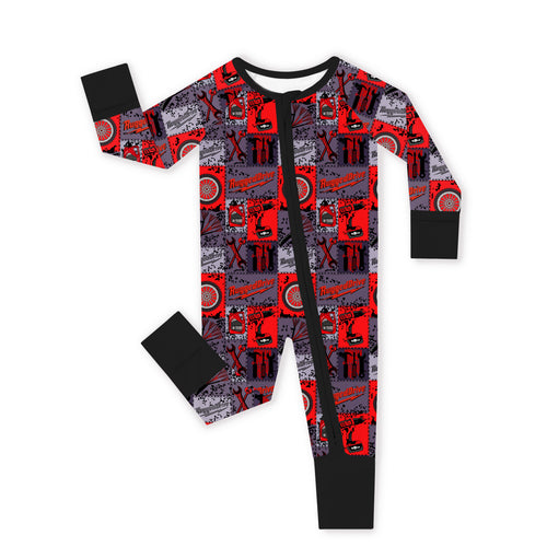 Red-Black Plaid Drive Wheels and Tools Game Bamboo Zipper Romper Pajamas