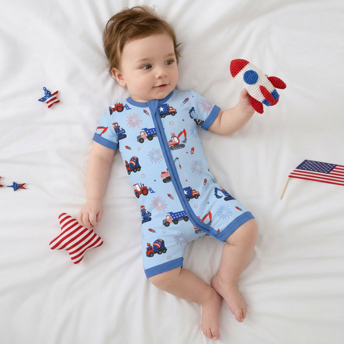 4th of July Stars Truck and Fireworks Blue Short Bamboo Zippy Baby Romper