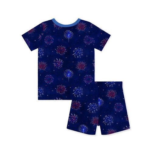 4th of July Colorful Firework Twinkle Stars Navy Bamboo Two-Piece Pajama Short Sleeve Set