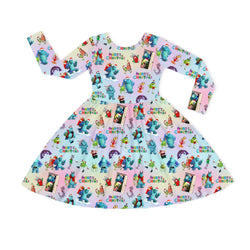 Christmas Blue Monster Friends on Aqua Kids Bamboo Long Sleeves Dress