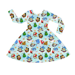 Christmas Blue Genie and Royal Couples Kids Bamboo Long Sleeves Dress
