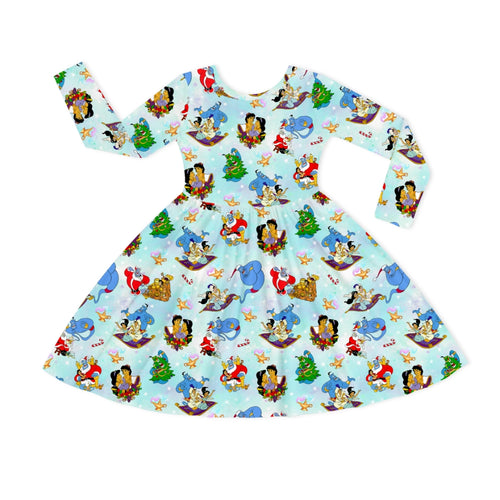 Christmas Blue Genie and Royal Couples Kids Bamboo Long Sleeves Dress