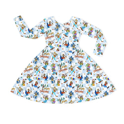 Christmas Blue Check Merry Dog Life Kids Bamboo Long Sleeves Dress