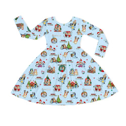 Christmas Dog Friends and Trees Gifts on Sky Blue Kids Bamboo Long Sleeves Dress