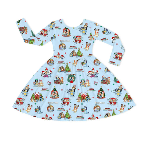 Christmas Dog Friends and Trees Gifts on Sky Blue Kids Bamboo Long Sleeves Dress
