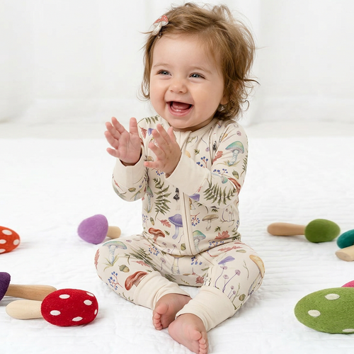 Mushroom Magic Meadow Adventure Bamboo Zipper Romper Pajamas