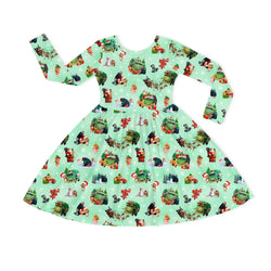 Christmas Mint Holiday Truck and Animal Friends Kids Bamboo Long Sleeves Dress