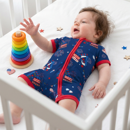 4th of July Red White Fireworks and Truck Short Bamboo Zippy Baby Romper