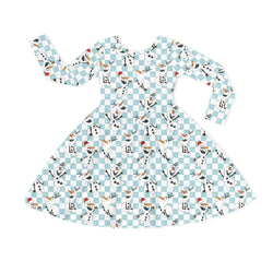 Christmas Big Face Snowman Green Checkered Kids Bamboo Long Sleeves Dress