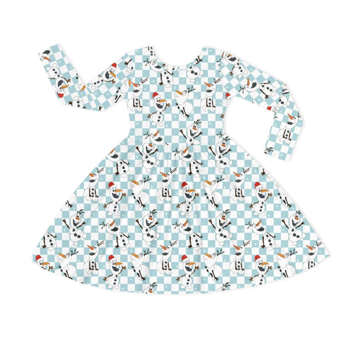 Christmas Big Face Snowman Green Checkered Kids Bamboo Long Sleeves Dress