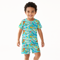 Ocean Sailboat and Sea Animal Parade Kids Bamboo Two-Piece Pajama Short Sleeve Set